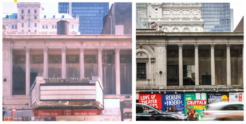 Dingy, vacant Times Square Theater facade next to 2010s facade without marquee