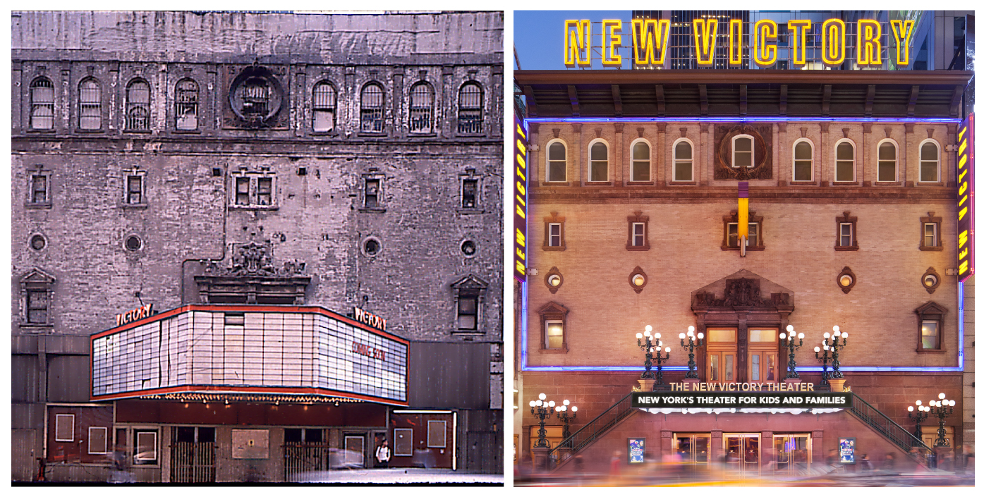 Dirty, old Victory Theater marquee next to renovated New Victory Theater facade